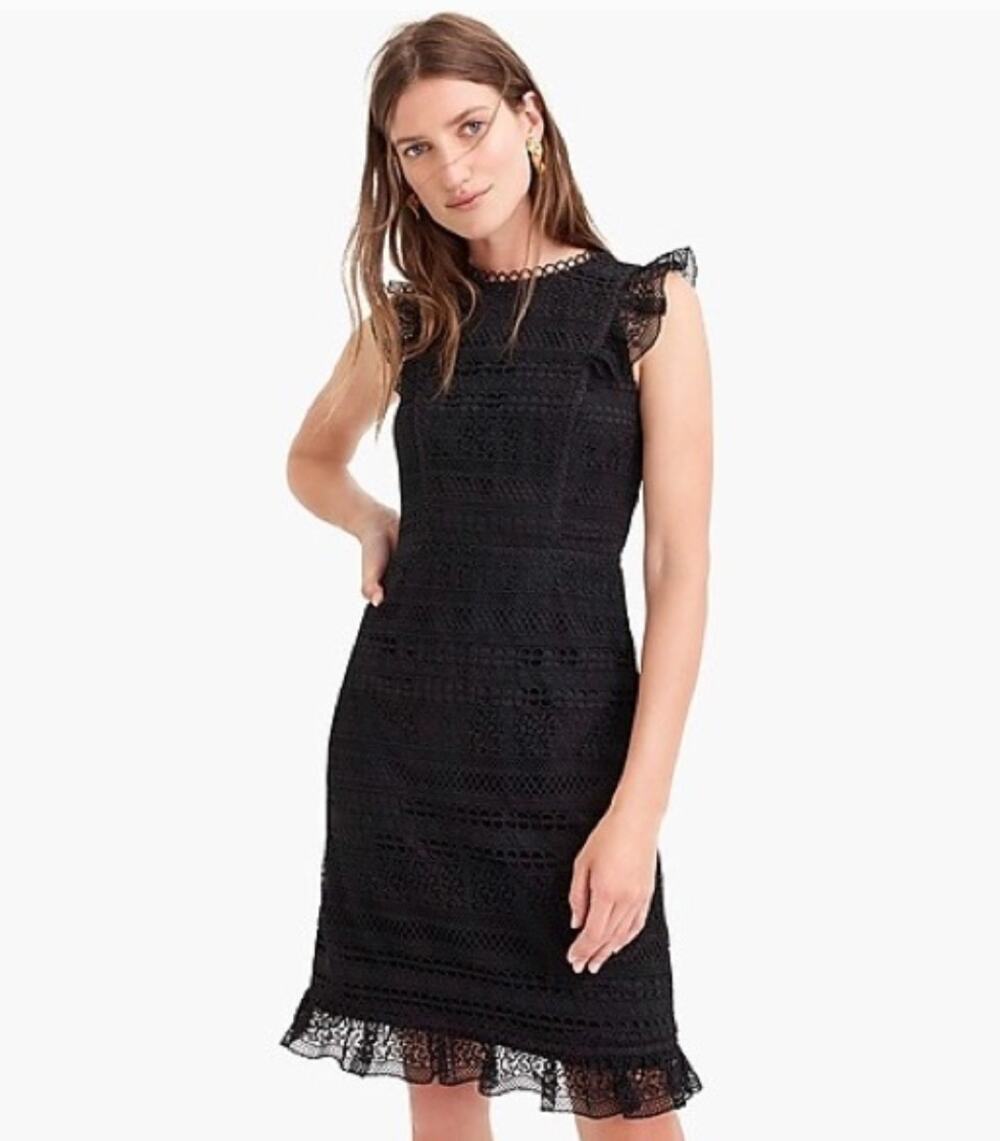 J. Crew Cap Sleeve Ruffle Dress in Mixed Lace Black H7376 Size 2